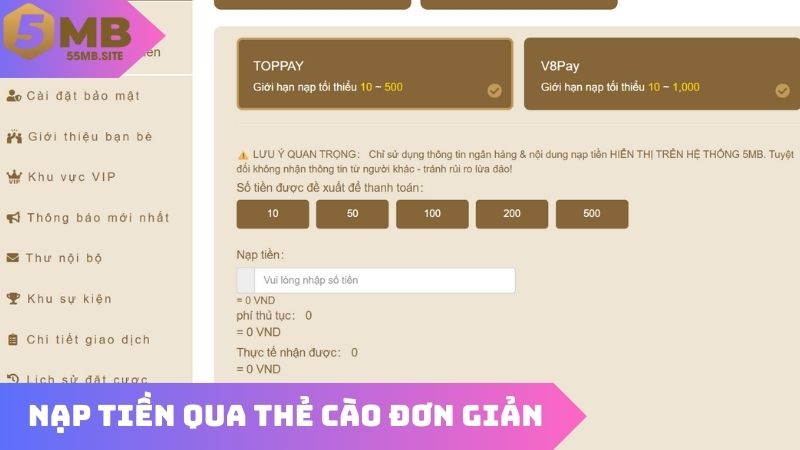 Nạp tiền qua thẻ cào đơn giản