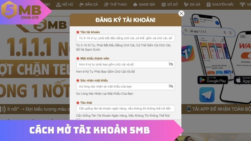 Cách mở tài khoản 5MB