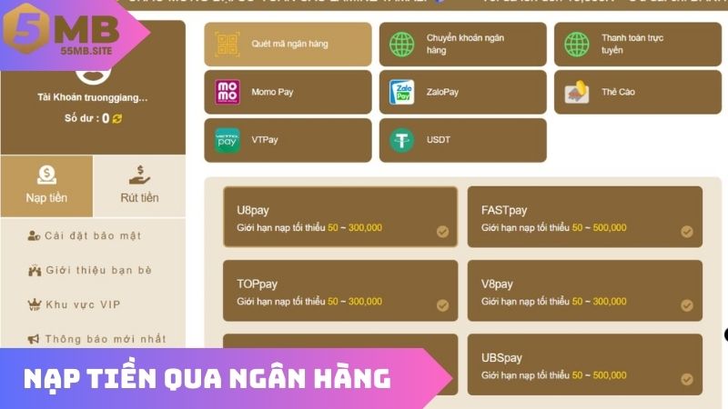 Hướng dẫn nạp tiền qua ngân hàng